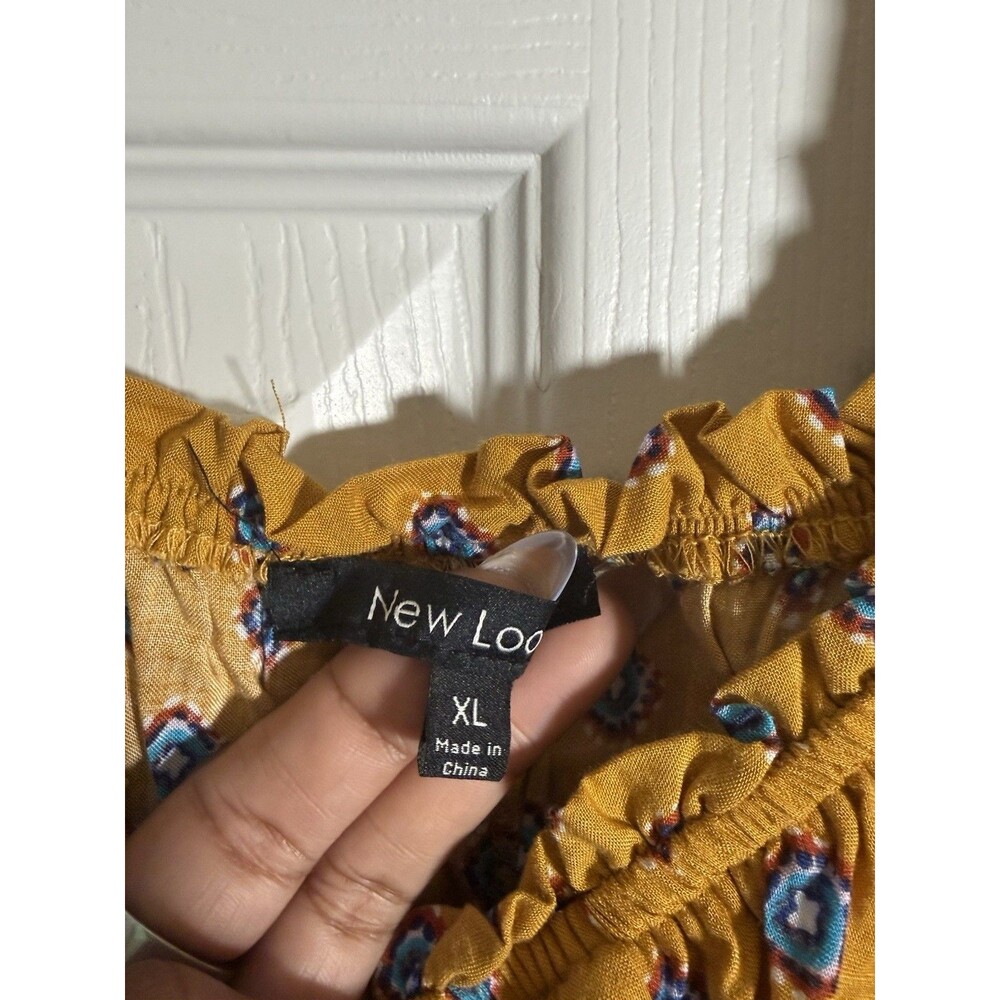 New Look Floral Puff Sleeve Midi Dress Blue Yellow White V-Neck Tie Waist XL - Picture 11 of 12